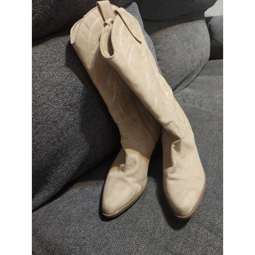 No Boundaries Boots Womens 9 Knee High Tall Riding Heels Tan Fabric Half Zip Y2k